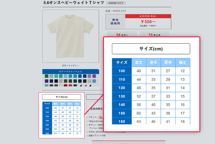 アパレルの卸内サイズ表記箇所